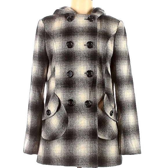 Charles Klein Wool Blend Double Breasted Hooded Black Plaid Pea Coat Size S - Picture 1 of 7